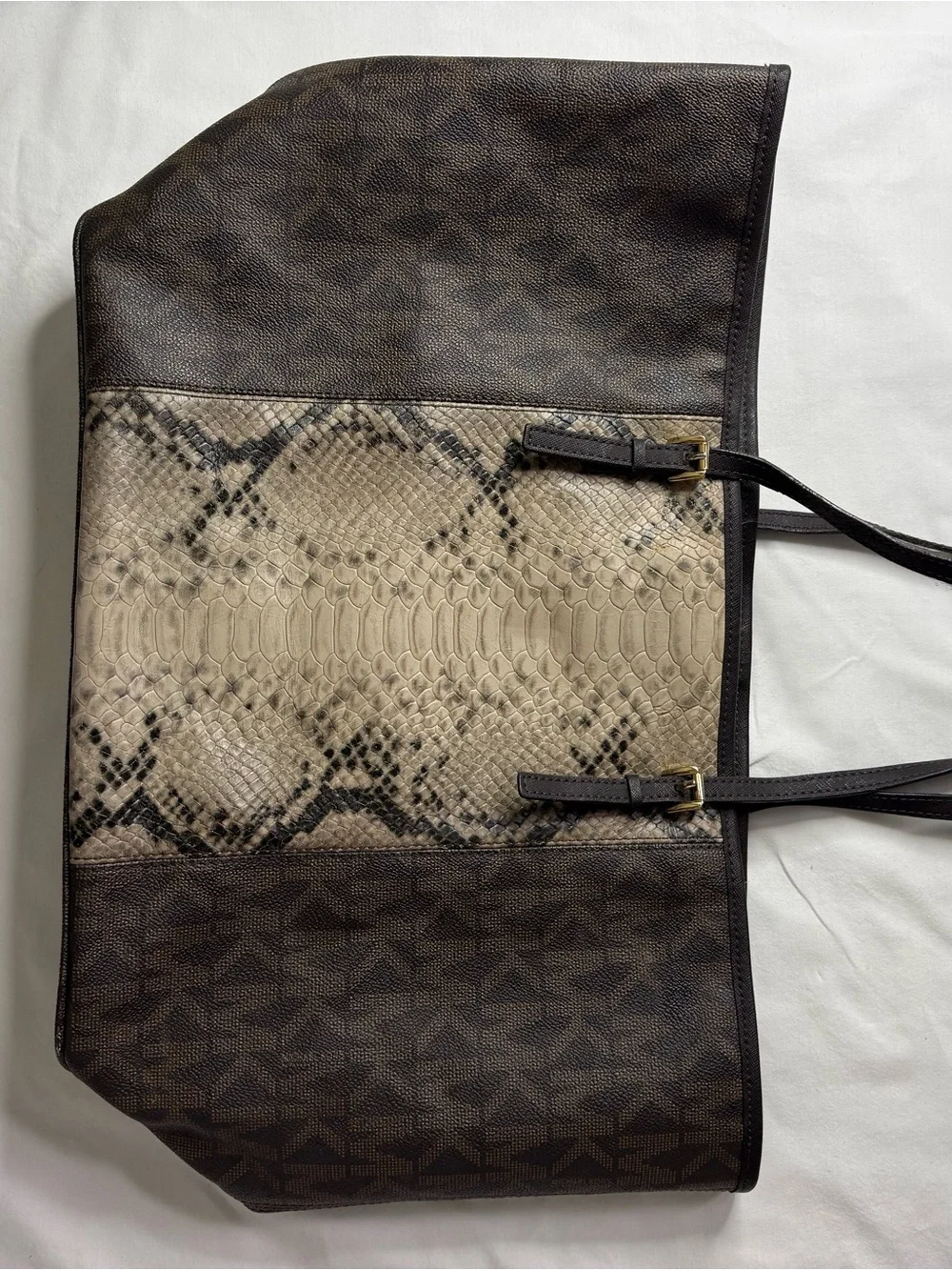 Michael Kors Taupe and Black Snake-Print Shoulder Bag with Gold Hardware